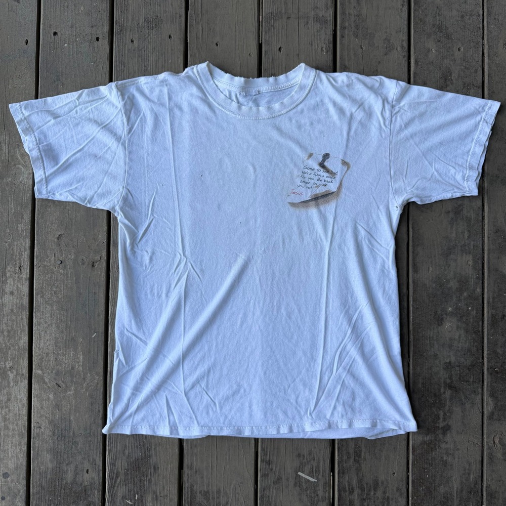 Vintage Jesus Note Graphic T-Shirt White Distressed Religious Cross Tee